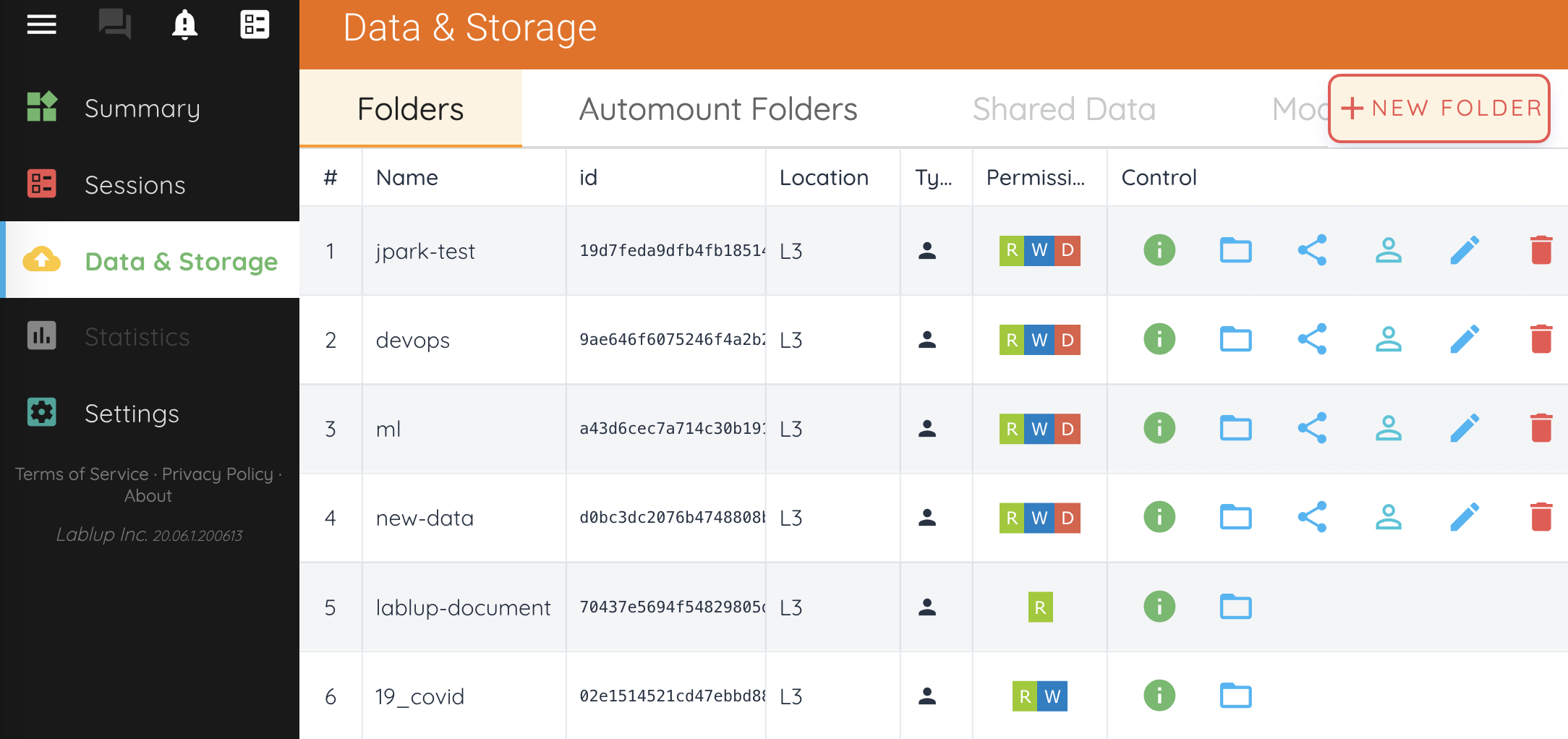Folder list in Storage page