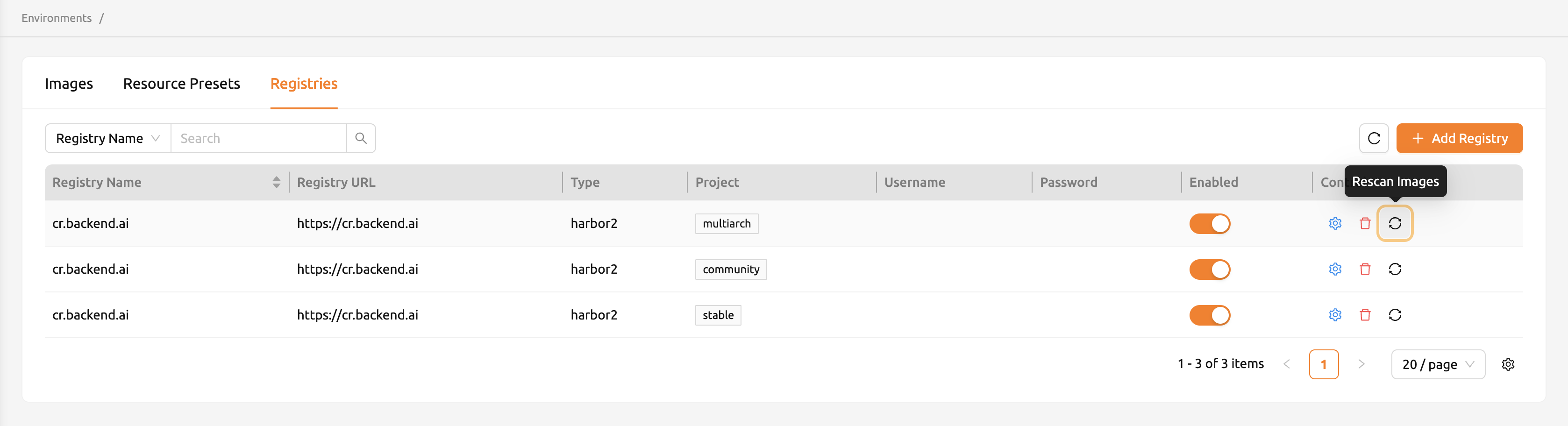 Registries page