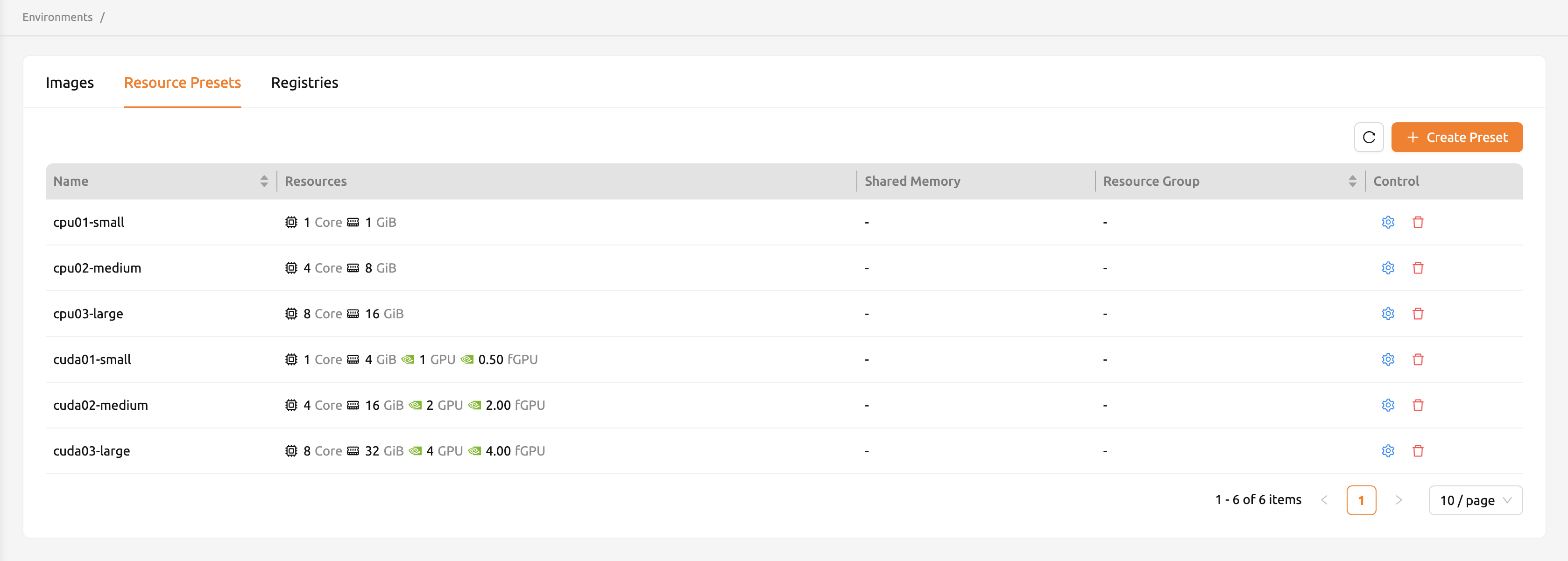 Resource presets tab